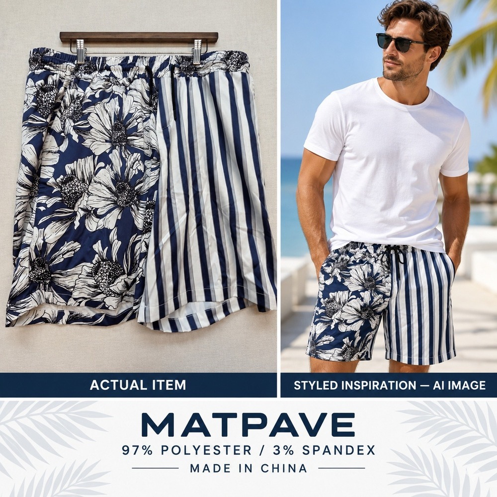 VATPAVE Men's Split Hawaiian Shorts Navy Floral Stripe Resort Wear 2XL